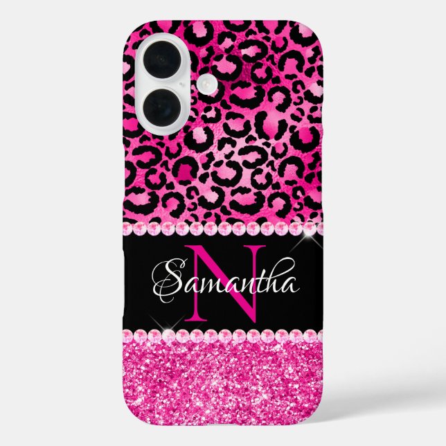 Black and Hot Pink Leopard Spot Glam Monogram Case-Mate iPhone Case (Back)