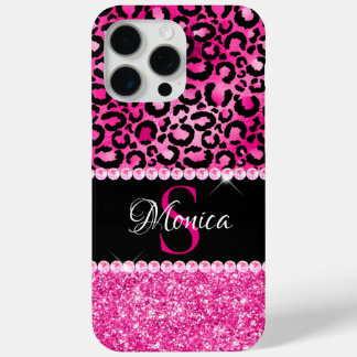 Black and Hot Pink Leopard Spot Glam Monogram iPhone 15 Pro Max Case