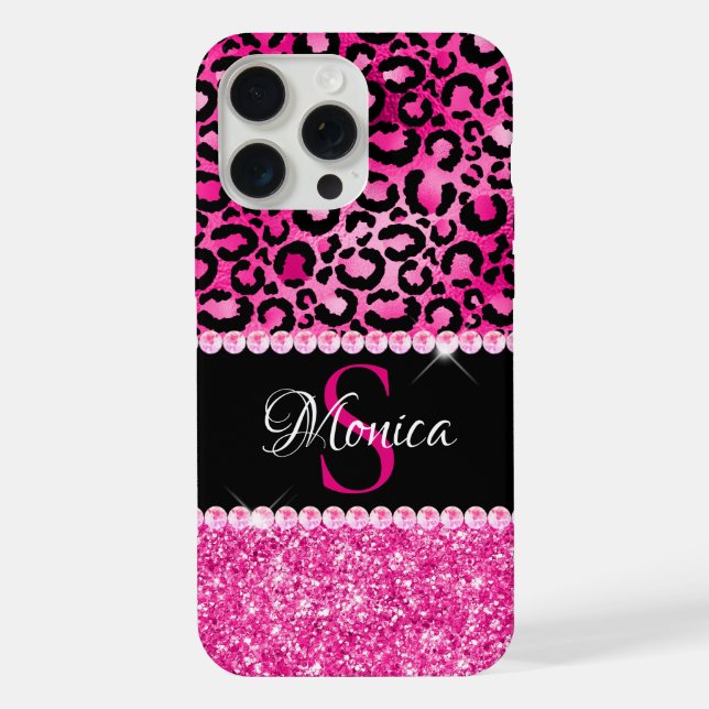 Black and Hot Pink Leopard Spot Glam Monogram Iphone Case (Back)