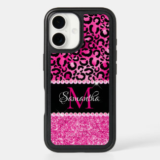 Black and Hot Pink Leopard Spot Glam Monogram iPhone 16 Case
