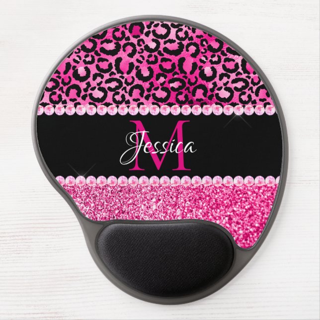 Black and Hot Pink Leopard Spots Glam Monogram Gel Mouse Pad (Front)