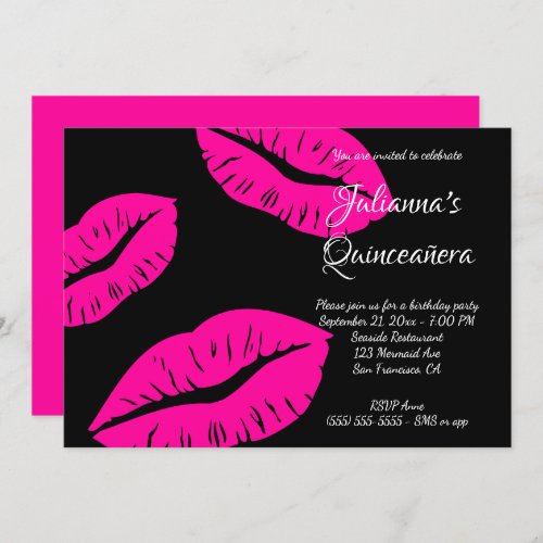 Black and Hot Pink Lips Quinceaera Birthday Invitation