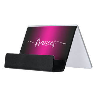 Black and Hot Pink Ombre Handwritten Script Desk Business Card Holder