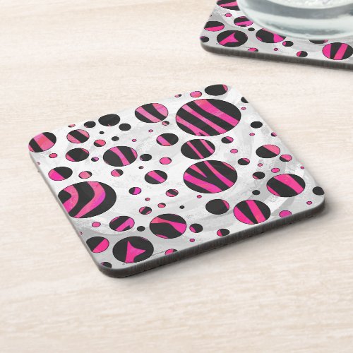 Black and Hot Pink Piloka Dot Zebra Beverage Coaster