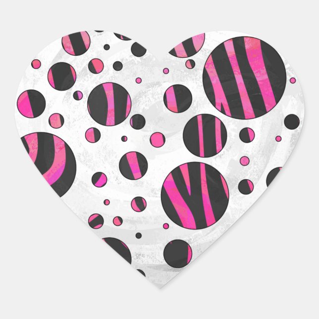 Black and Hot Pink Piloka Dot Zebra Heart Sticker (Front)