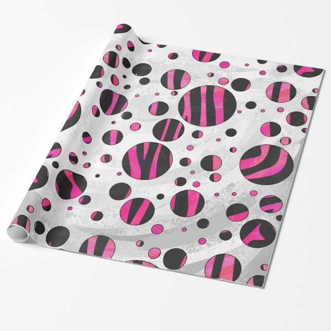 Black and Hot Pink Piloka Dot Zebra Wrapping Paper (Unrolled)