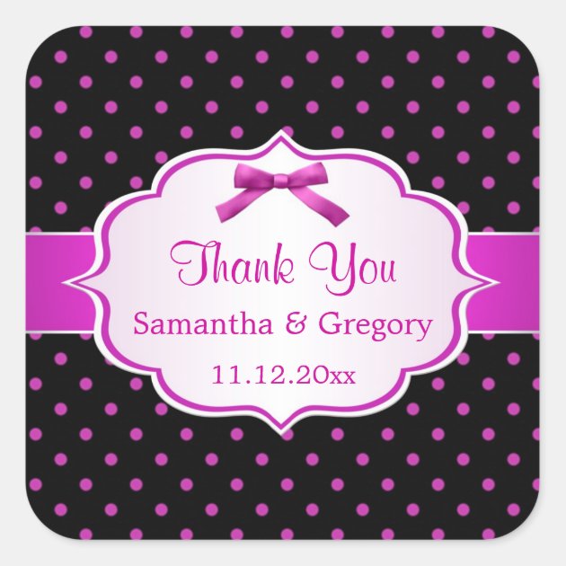 Black And Hot Pink Polka Dot Wedding Thank You Square Sticker