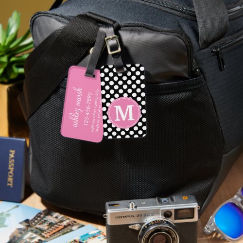 Black and Hot Pink Polka Dots Custom Monogram Luggage Tag