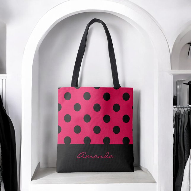 Black and Hot Pink Polka Dots with Monogram Tote Bag (Personalize with your name or other desired text.)