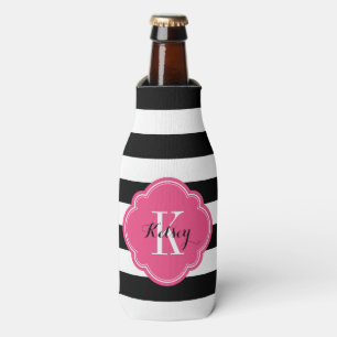 Black and Hot Pink Preppy Stripes Monogram Bottle Cooler