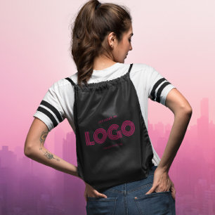 Black and Hot Pink Rectangular Logo Drawstring Bag