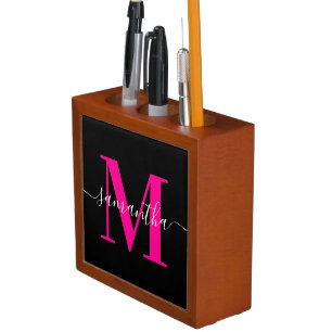 Black and Hot Pink Signature Modern Monogram Photo Desk Organizer