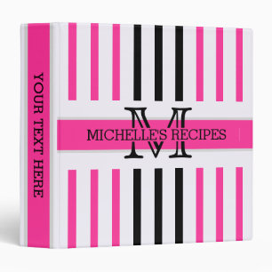 Black and Hot Pink Stripes Modern Monogram 3 Ring Binder