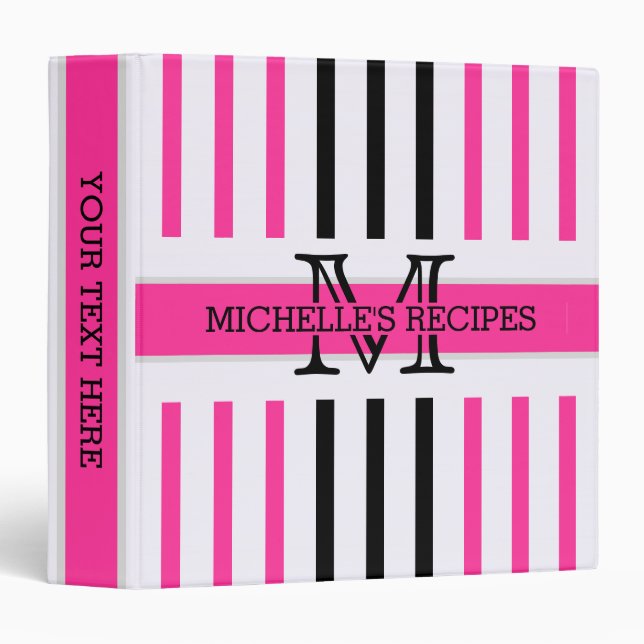 Black and Hot Pink Stripes Modern Monogram 3 Ring Binder (Front/Spine)