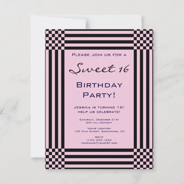 Black and Hot Pink Stripes Sweet 16 Birthday Party Invitation (Front)