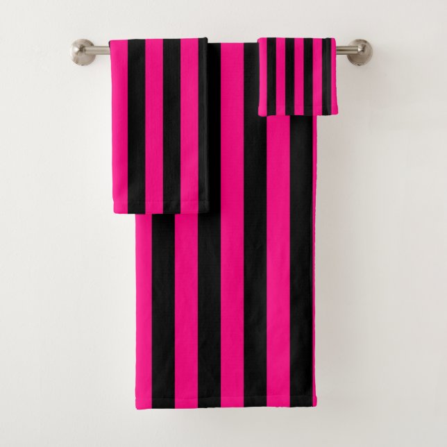 Black And Hot Pink Vertical Stripe Bath Towel Set (Insitu)