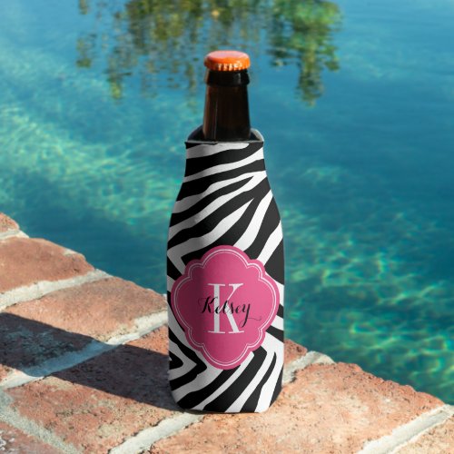 Black and Hot Pink Zebra Print Monogram Bottle Cooler