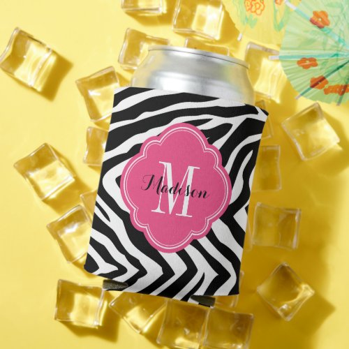 Black and Hot Pink Zebra Print Monogram Can Cooler