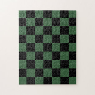 Black and Hunter Green Checkered Pattern Jigsaw Puzzle