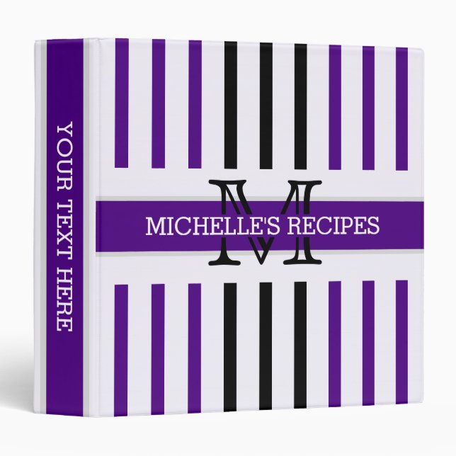 Black and Indigo Stripes Modern Monogram 3 Ring Binder (Front/Spine)