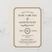 Black and Ivory Art Deco Monogram Save the Date (Front/Back)