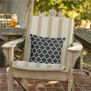 Black And Ivory Cream Quatrefoil Trellis Pattern Outdoor Pillow
