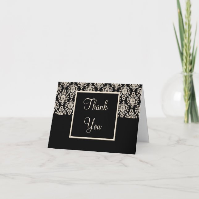 Black and Ivory Damask Thank You Cards (Front)