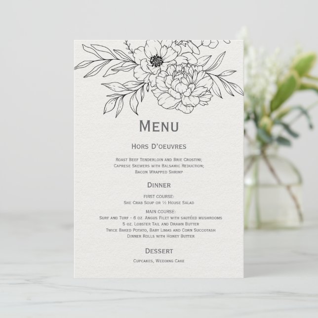 Black and Ivory Floral Line Art Invitation (Standing Front)