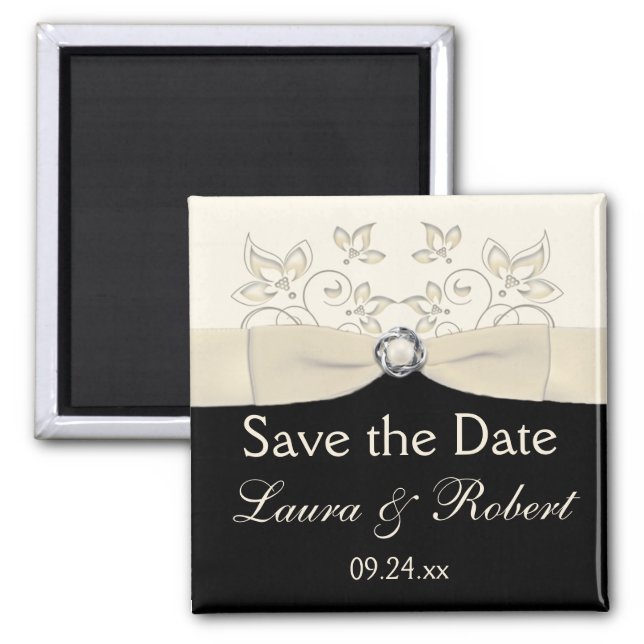 Black and Ivory Floral Save the Date Magnet (Front)