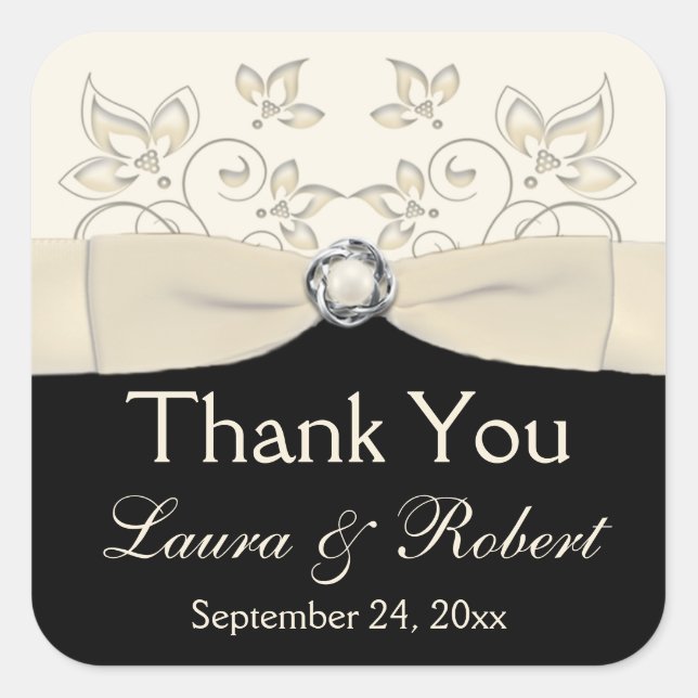 Black and Ivory Floral Thank You Sticker (Front)