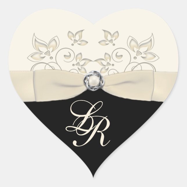 Black and Ivory Heart Shaped Wedding Sticker (Front)