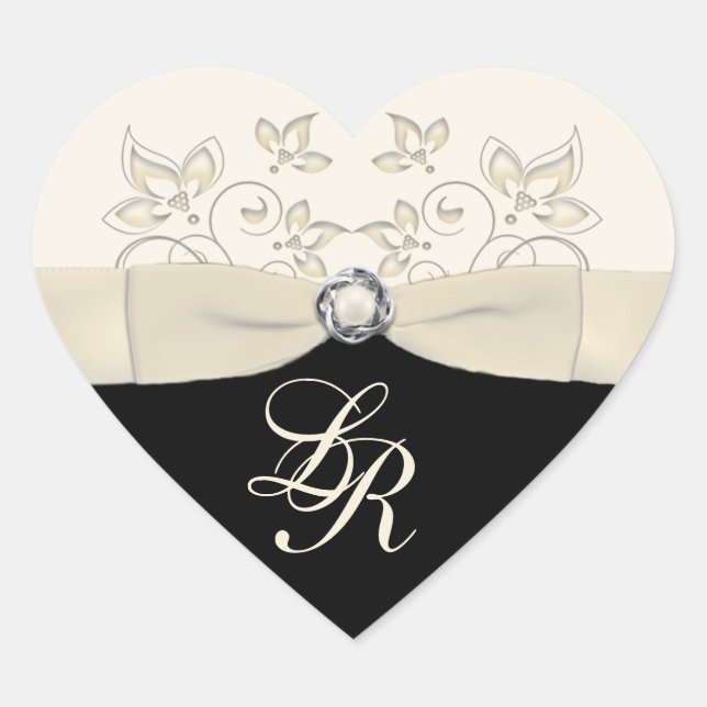 Black and Ivory Heart Shaped Wedding Sticker (Front)