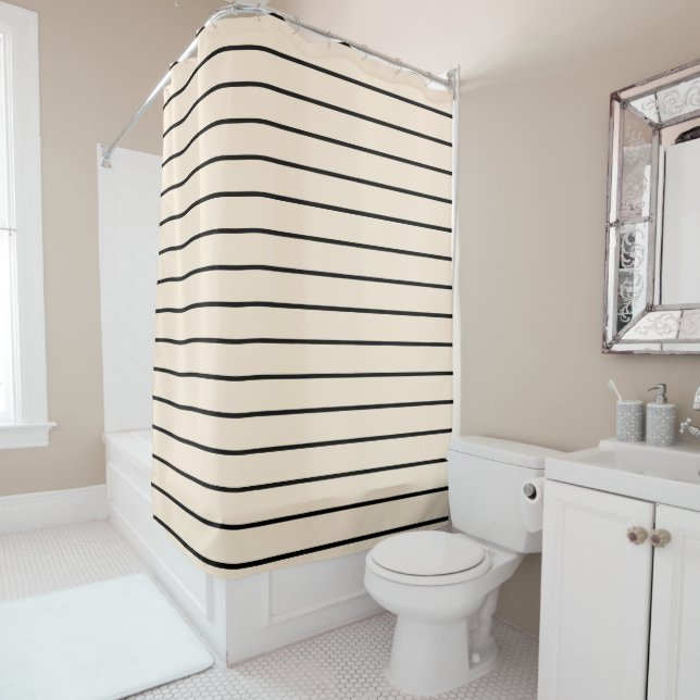 Black and Ivory Stripes Geometric Pattern Shower Curtain (In Situ)