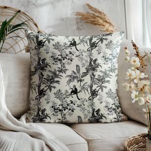 Black And Ivory Tropical Monkeys Toile De Jouy Throw Pillow