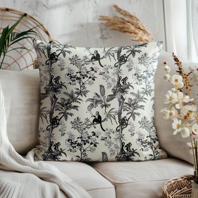 Black And Ivory Tropical Monkeys Toile De Jouy Throw Pillow (Creator Uploaded)