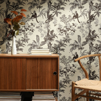 Black And Ivory Tropical Monkeys Toile De Jouy Wallpaper
