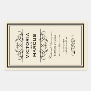 Black and Ivory Wedding Wine Bottle Monogram Favor Rectangular Sticker