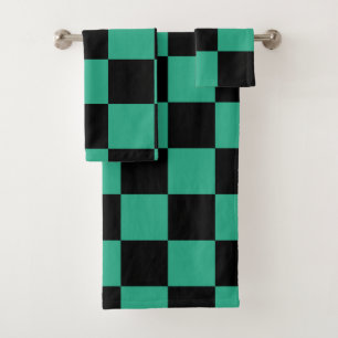 Black and Jungle Green Checkered Pattern Bath Towel Set
