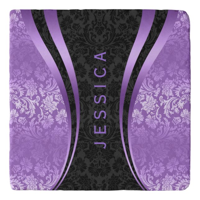Black And Lavender Floral Damasks Trivet (Front)