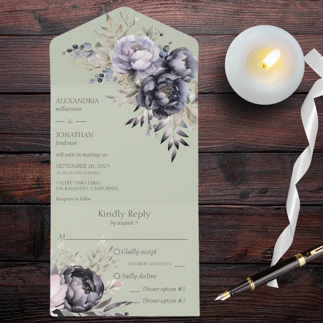 Black and Lavender Floral on Sage Green  All In One Invitation (Also available with QR code. )