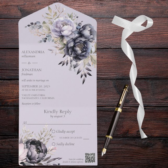 Black and Lavender Floral QR Code All In One Invitation (Also available without QR code. )