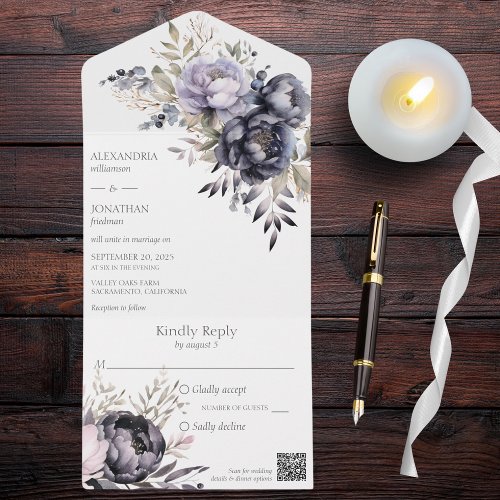 Black and Lavender Floral QR Code All In One Invitation