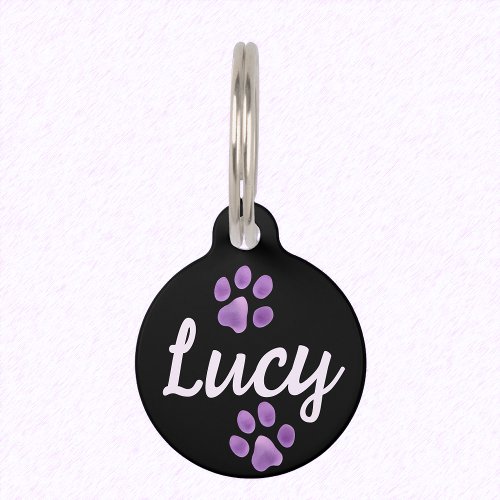 Black and Lavender Pet Paws and Custom Name Lucy Pet ID Tag