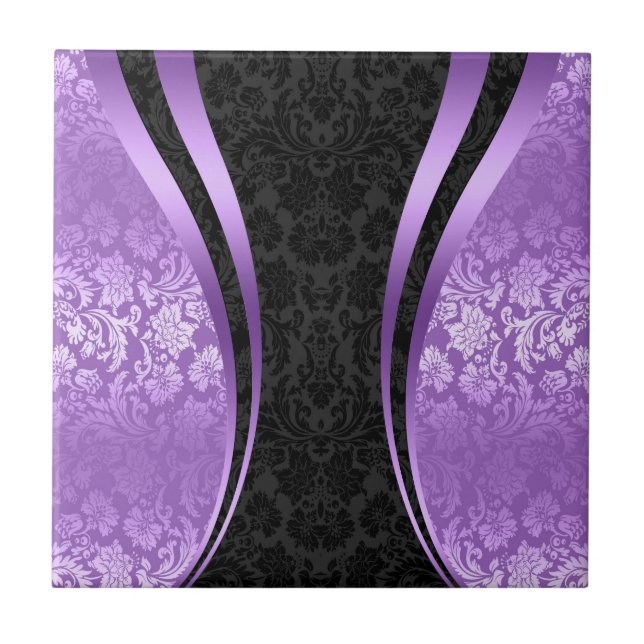 Black And Lavender Purple Floral Damasks Ceramic Tile (Front)