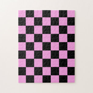Black and Lavender Rose Checkered Pattern Jigsaw Puzzle