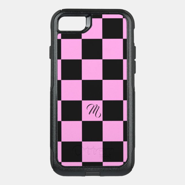 Black and Lavender Rose Checkered Pattern Otterbox iPhone Case (Back)