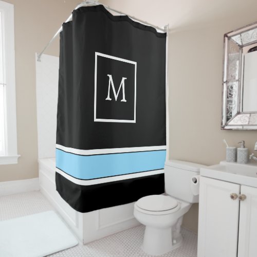 Black and Light Blue Monogram with Stripes Shower Curtain