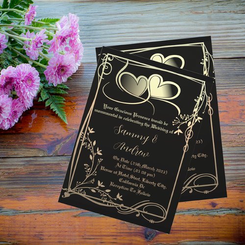 Black and light Gold Floral Heart Wedding Invitation