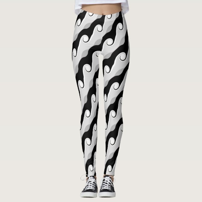 Black and Light Gray Abstract Waves Leggings (Front)