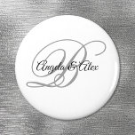 Black and Light Gray Fancy Script Monogram White Magnet<br><div class="desc">Wedding magnets with a minimalist couple's monogram in a fancy calligraphy script in light gray and black on a white background. For shorter names, increase the font size of the bride and groom's names and their initial. Customize the black and silver light gray colors, as well as the modern calligraphy...</div>